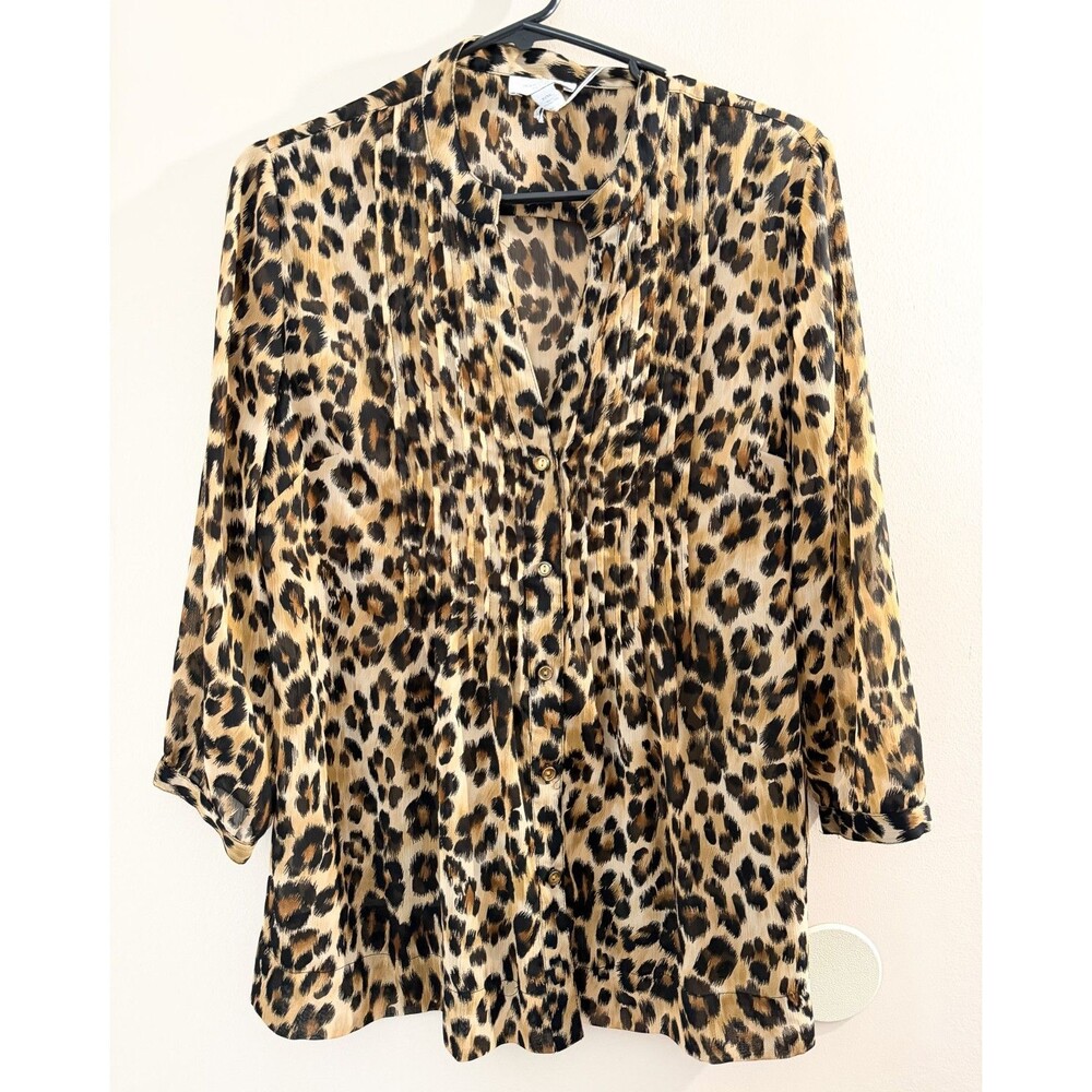 Charter Club Blouse Women Petite Medium Leopard Print Button Roll Tab Sleeve